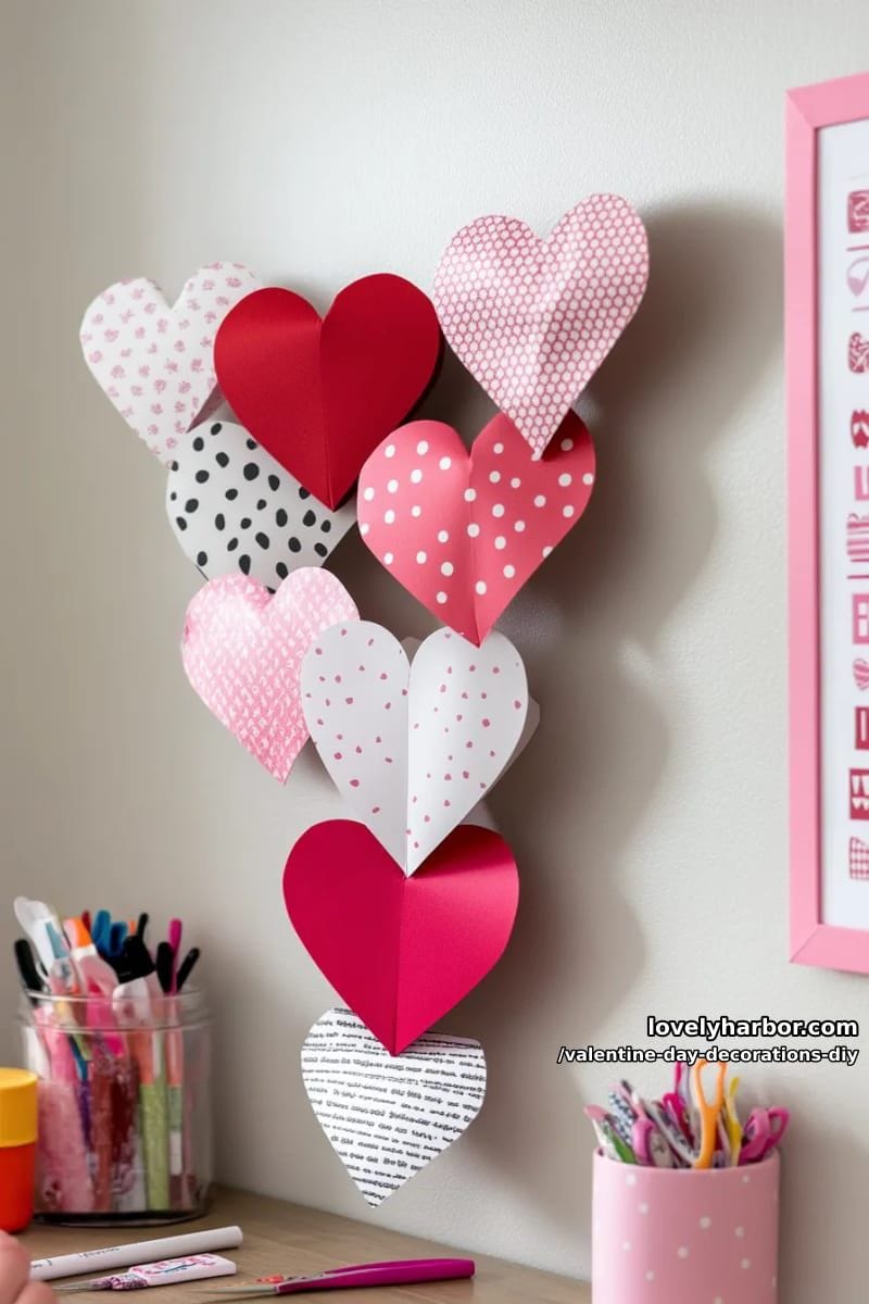 kid-friendly paper heart chain wall with mixed patterned paper 1