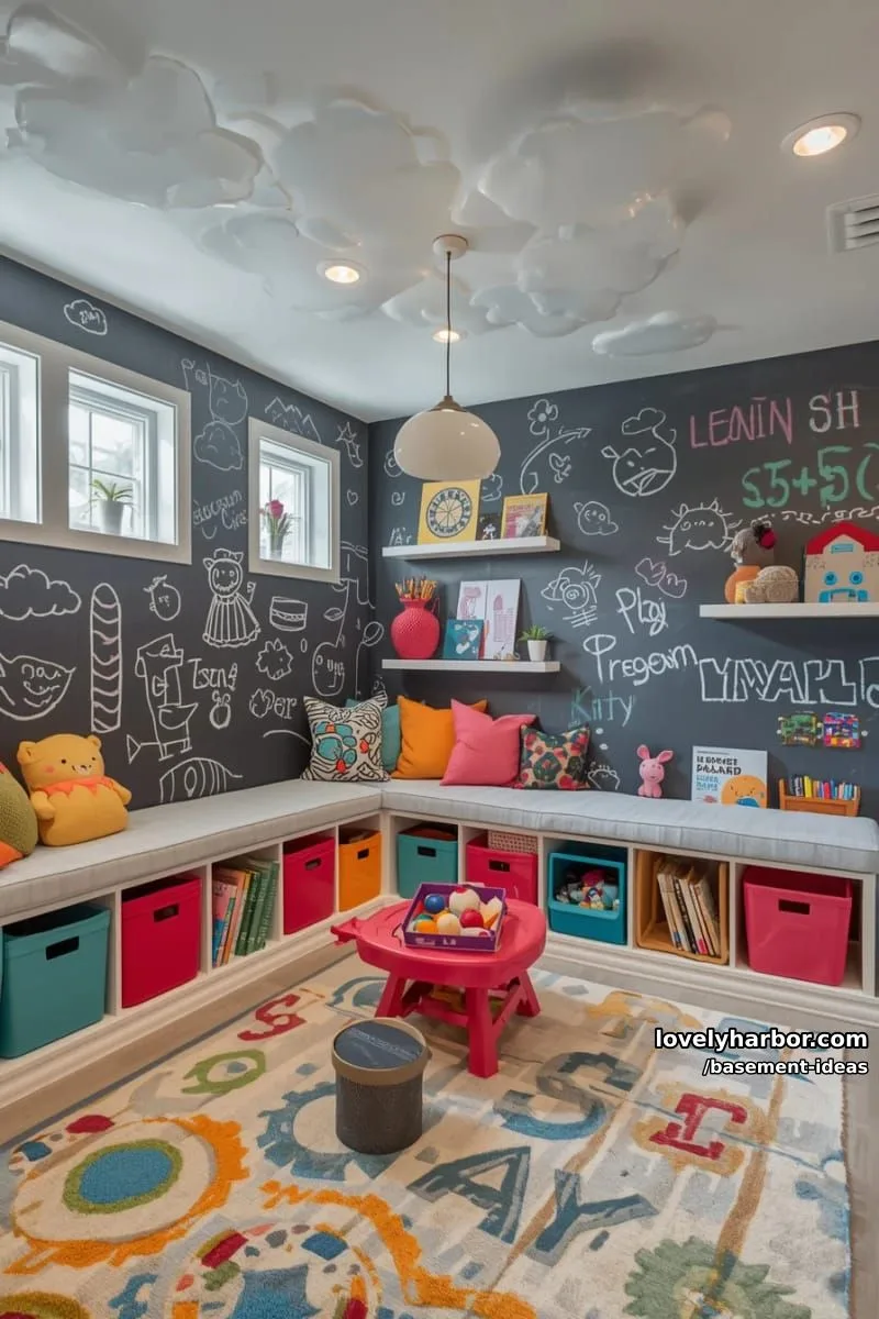 15 Creative Basement Design Ideas with Wow Factor 22 kid-friendly playroom with chalkboard walls and built-in storage benches. 1