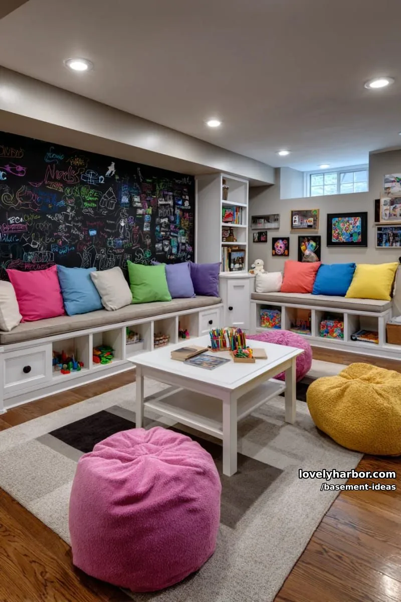 15 Creative Basement Design Ideas with Wow Factor 23 kid-friendly playroom with chalkboard walls and built-in storage benches. 1