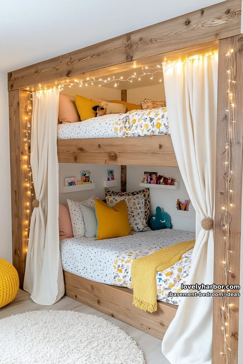 kids’ bunk nook with curtain dividers and whimsical fairy light canopy 1