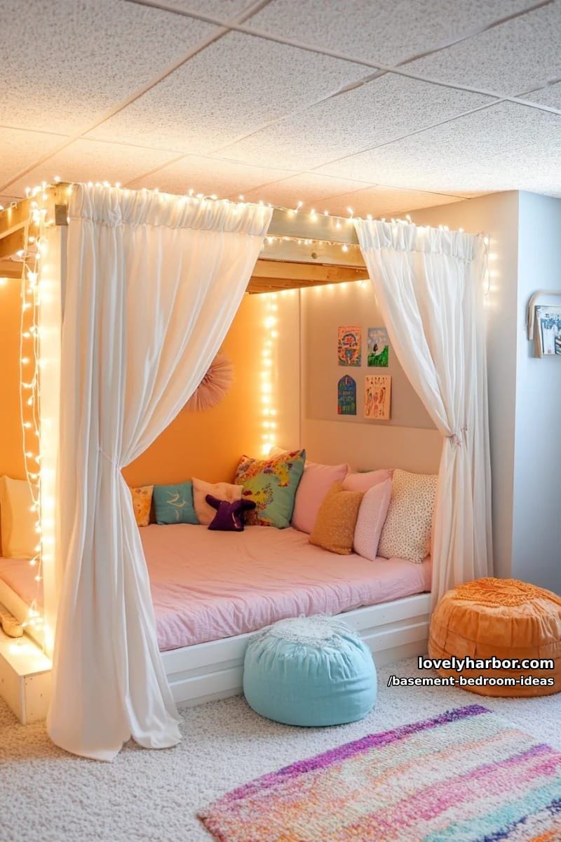 kids’ bunk nook with curtain dividers and whimsical fairy light canopy 1