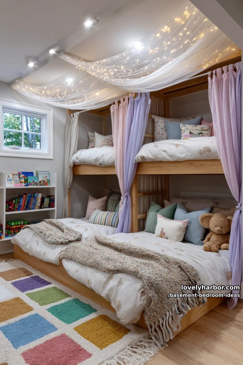 kids’ bunk nook with curtain dividers and whimsical fairy light canopy 1