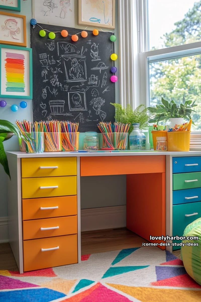 kids’ creative zone: small corner desk with chalkboard paint wall and art supplies 1