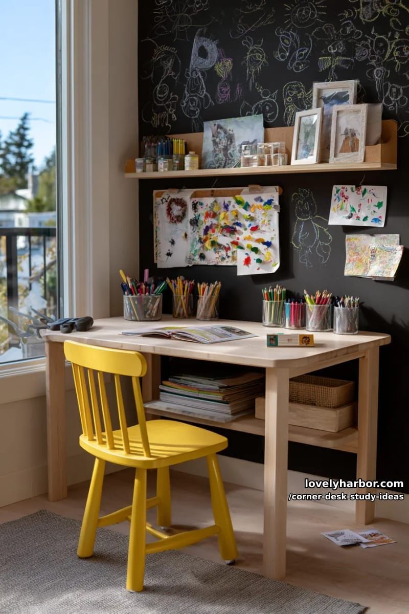 kids’ creative zone: small corner desk with chalkboard paint wall and art supplies 1