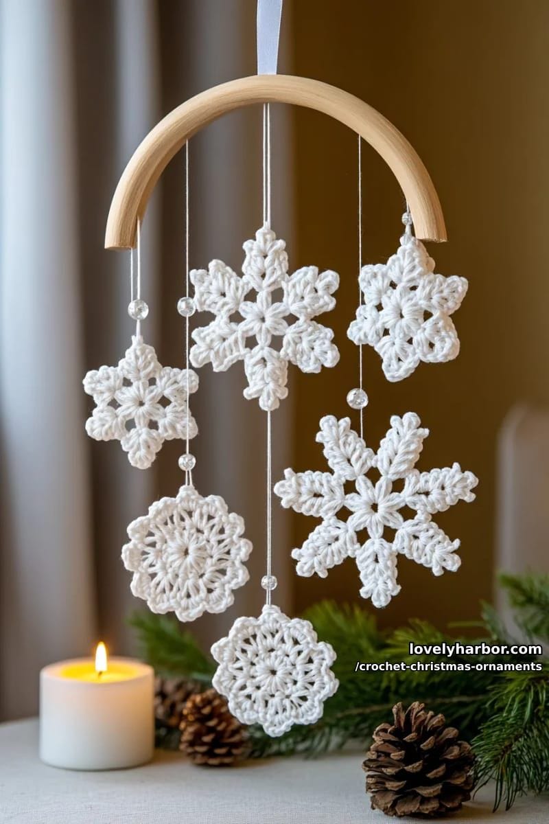 lacy white snowflake discs joined into a festive hanging mobile 1