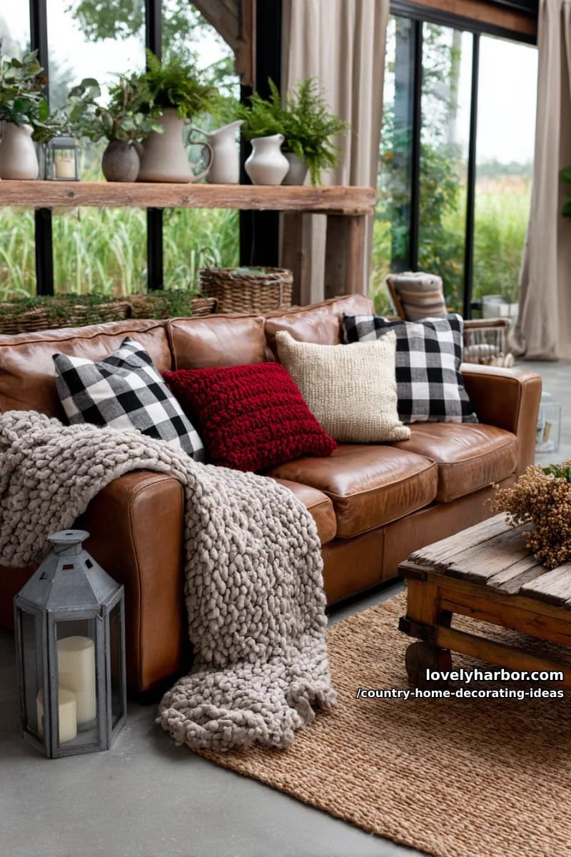 layer chunky knit throws and checkered pillows on a weathered leather sofa. 1