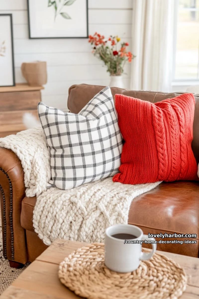 layer chunky knit throws and checkered pillows on a weathered leather sofa. 1