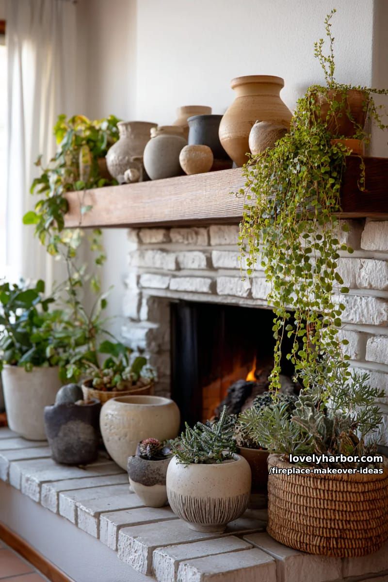 15 ideias inovadoras para reforma de lareira para uma sala de estar elegante 18 camada de cerâmica terrosa e vegetação para ideias de decoração de lareira orgânica. 1