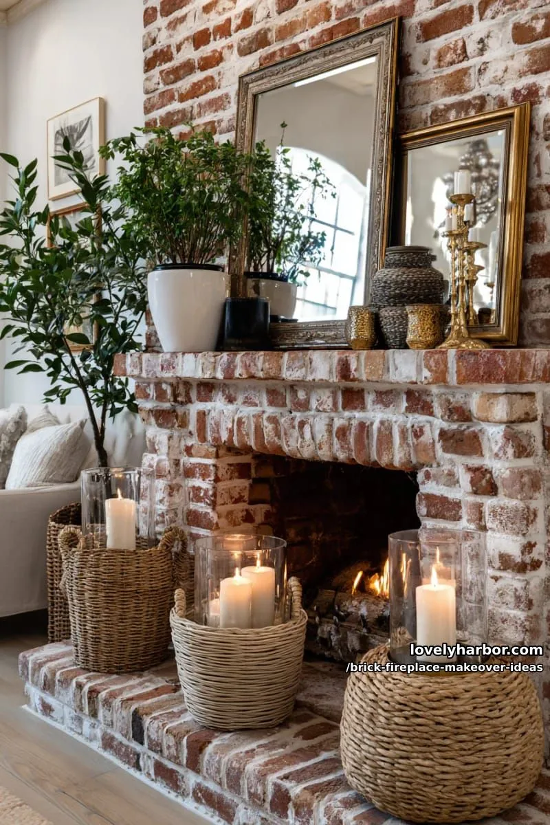 layer woven baskets, vintage mirrors, and candles on the hearth. 1