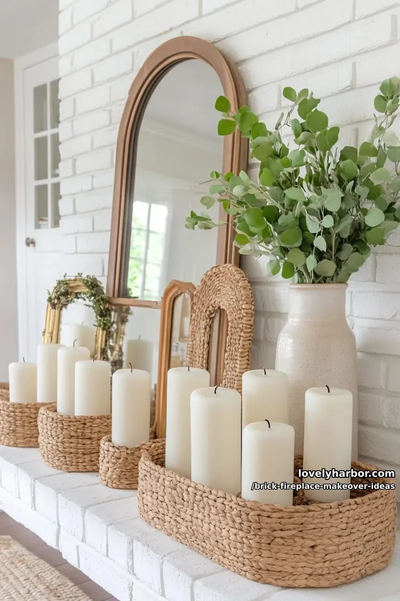 layer woven baskets, vintage mirrors, and candles on the hearth. 1