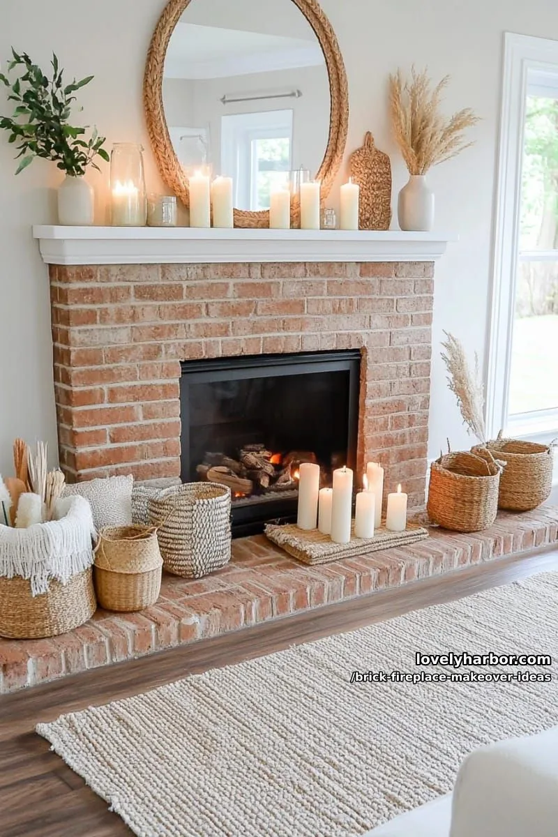 layer woven baskets, vintage mirrors, and candles on the hearth. 1
