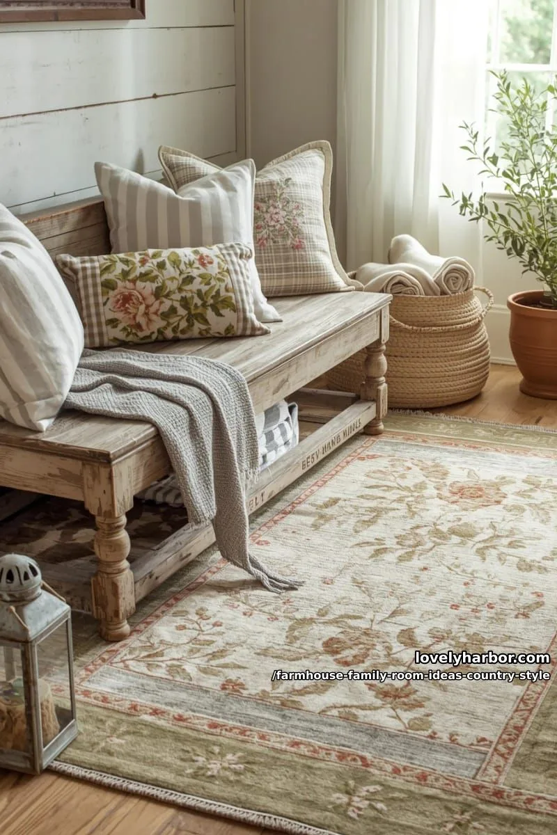 layered area rugs under a weathered farmhouse bench and patchwork pillows 1