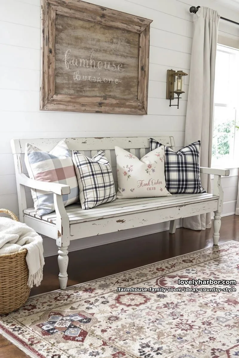 layered area rugs under a weathered farmhouse bench and patchwork pillows 1