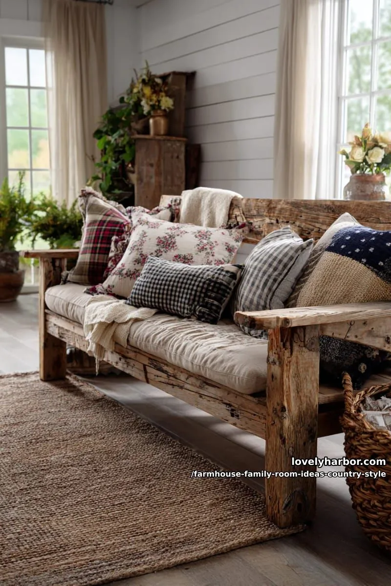 layered area rugs under a weathered farmhouse bench and patchwork pillows 1