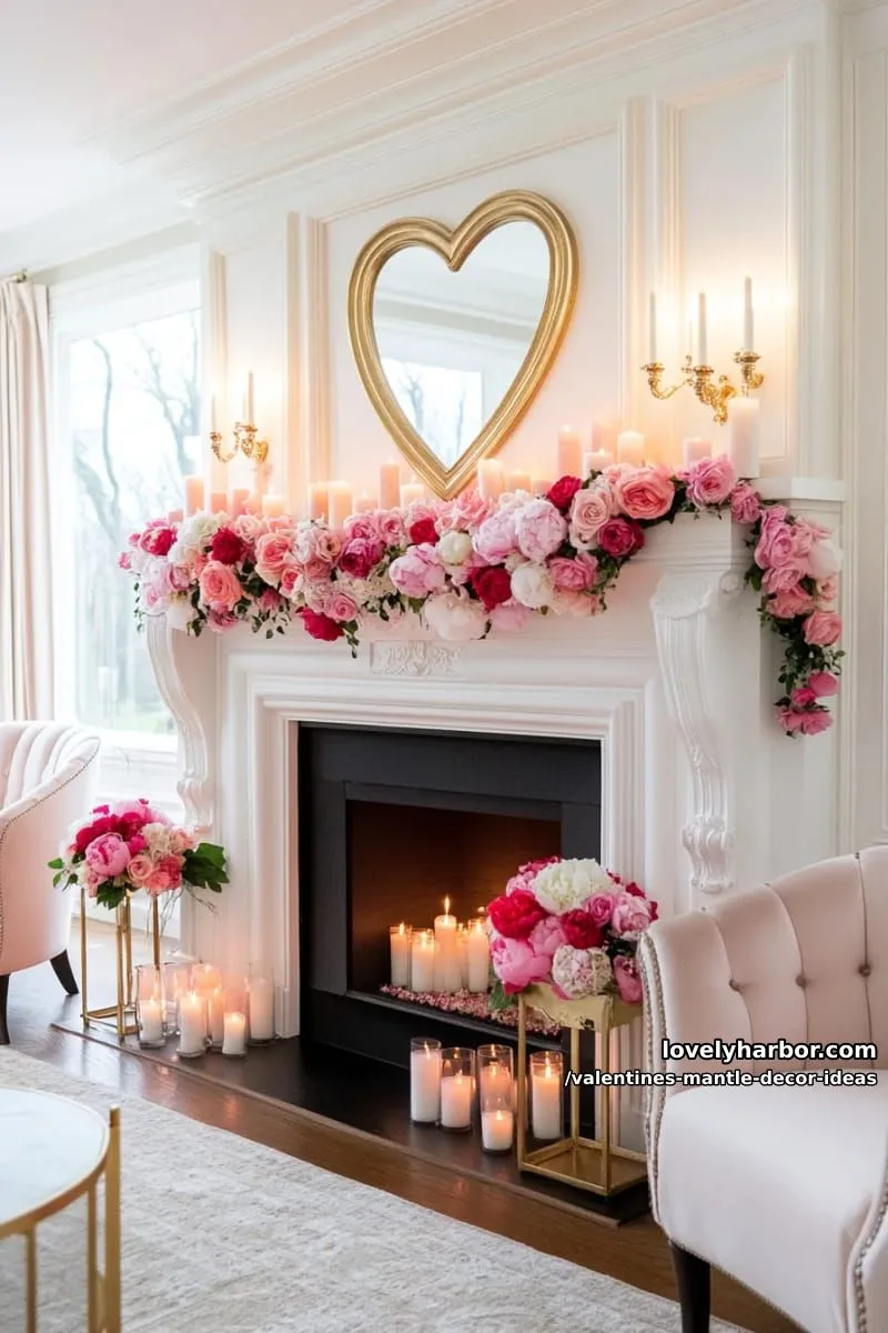 layered blush and scarlet candles with overflowing faux rose garland 1
