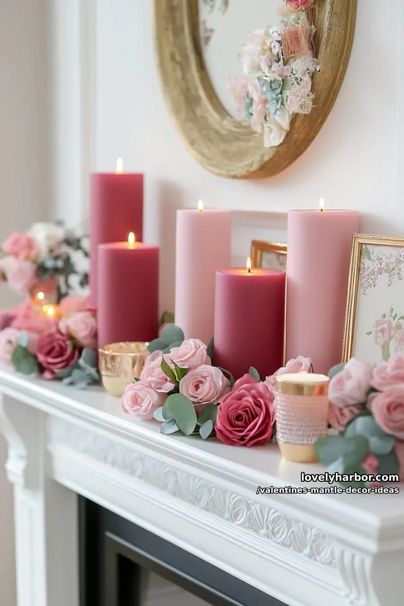 layered blush and scarlet candles with overflowing faux rose garland 1