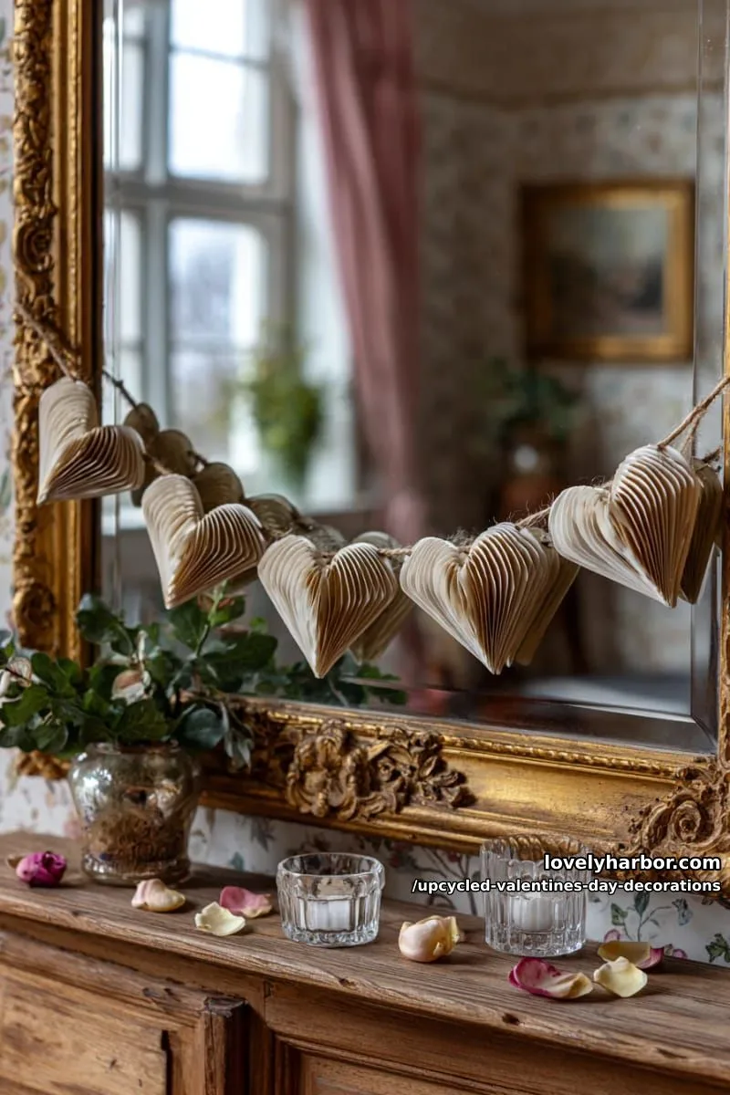 layered book page heart garland strung with twine across a vintage mirror 1