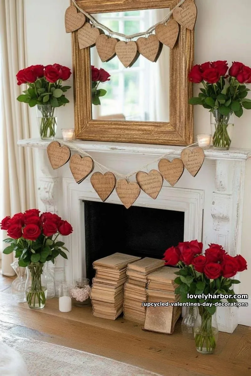 layered book page heart garland strung with twine across a vintage mirror 1
