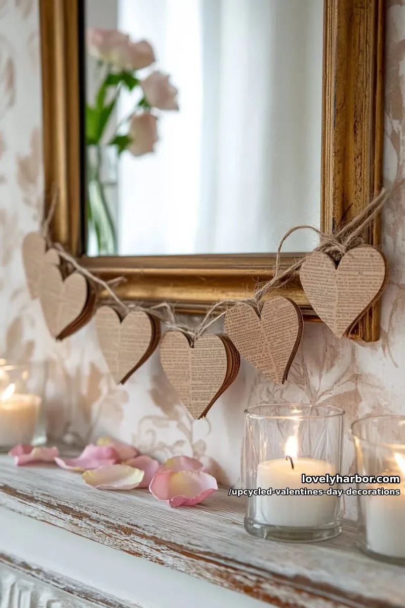 layered book page heart garland strung with twine across a vintage mirror 1