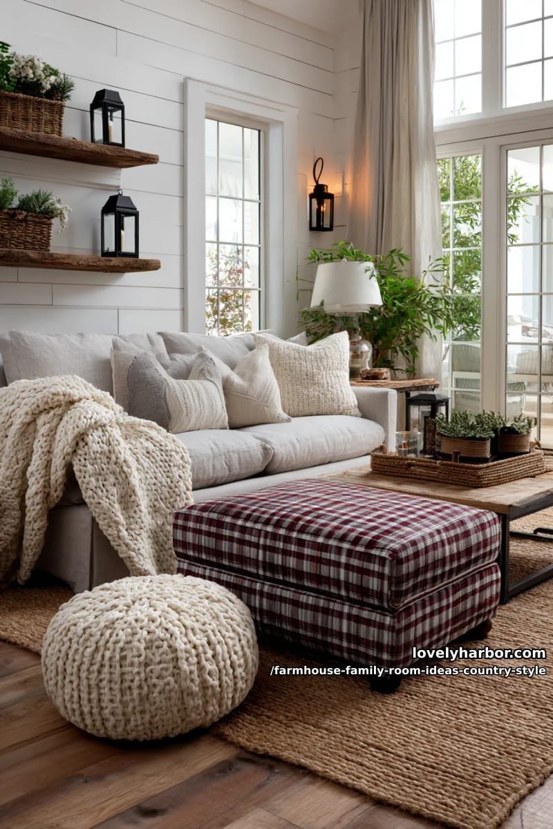 layered jute rugs with plaid ottoman and chunky knit throws for cozy warmth 1
