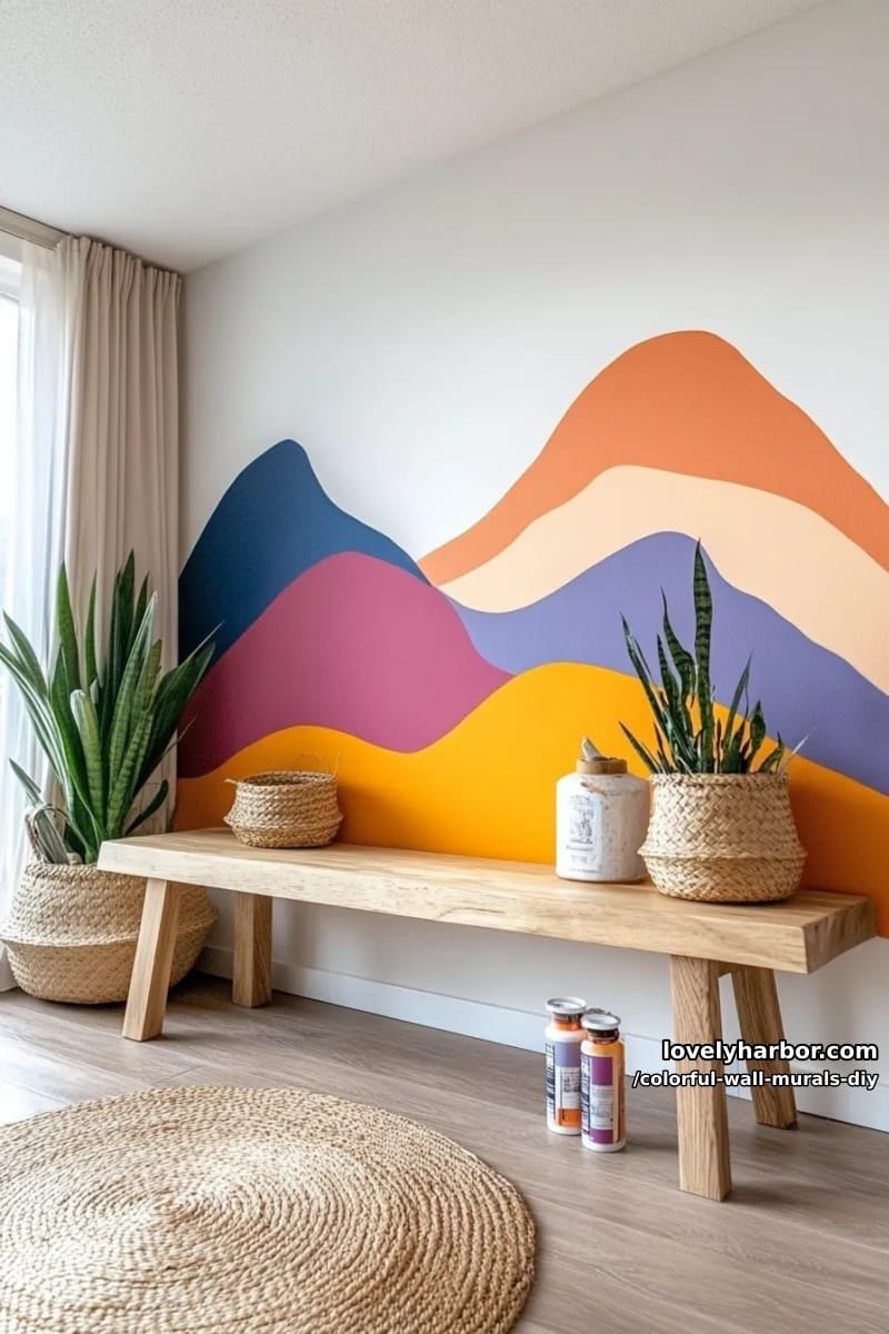 layered mountain silhouette mural in gradient sunset tones 1