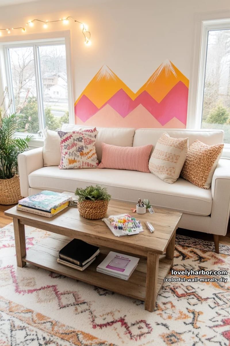 layered mountain silhouette mural in gradient sunset tones 1