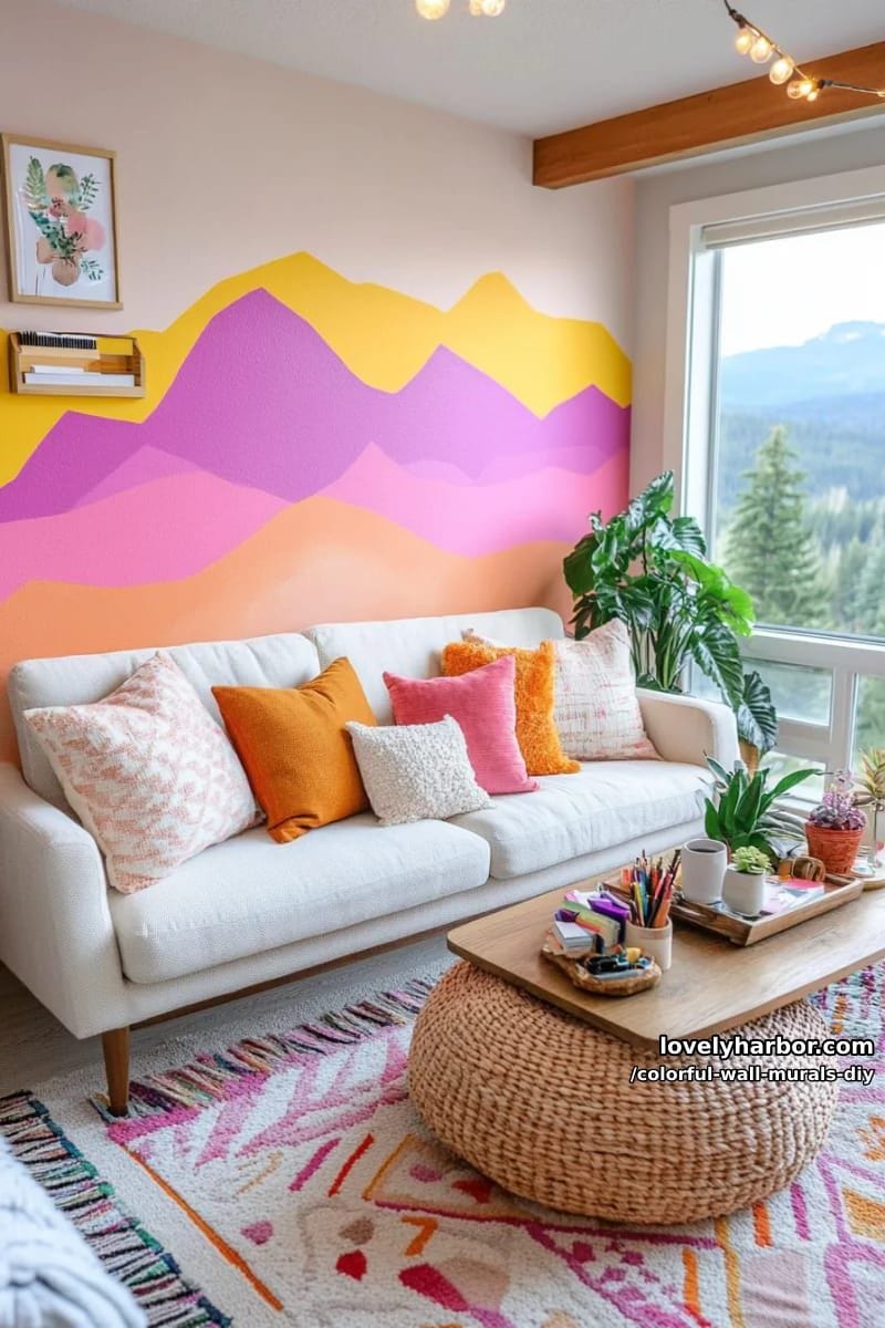 layered mountain silhouette mural in gradient sunset tones 1