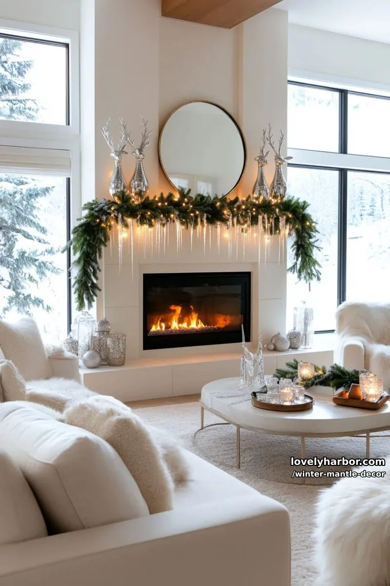 15 Stylish Winter Mantel Looks to Elevate Your Home 19 layered snowy garland with mirror accents, glass icicles, and silver reindeer figurines. 1