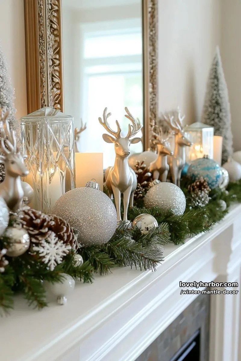 15 Stylish Winter Mantel Looks to Elevate Your Home 20 layered snowy garland with mirror accents, glass icicles, and silver reindeer figurines. 1