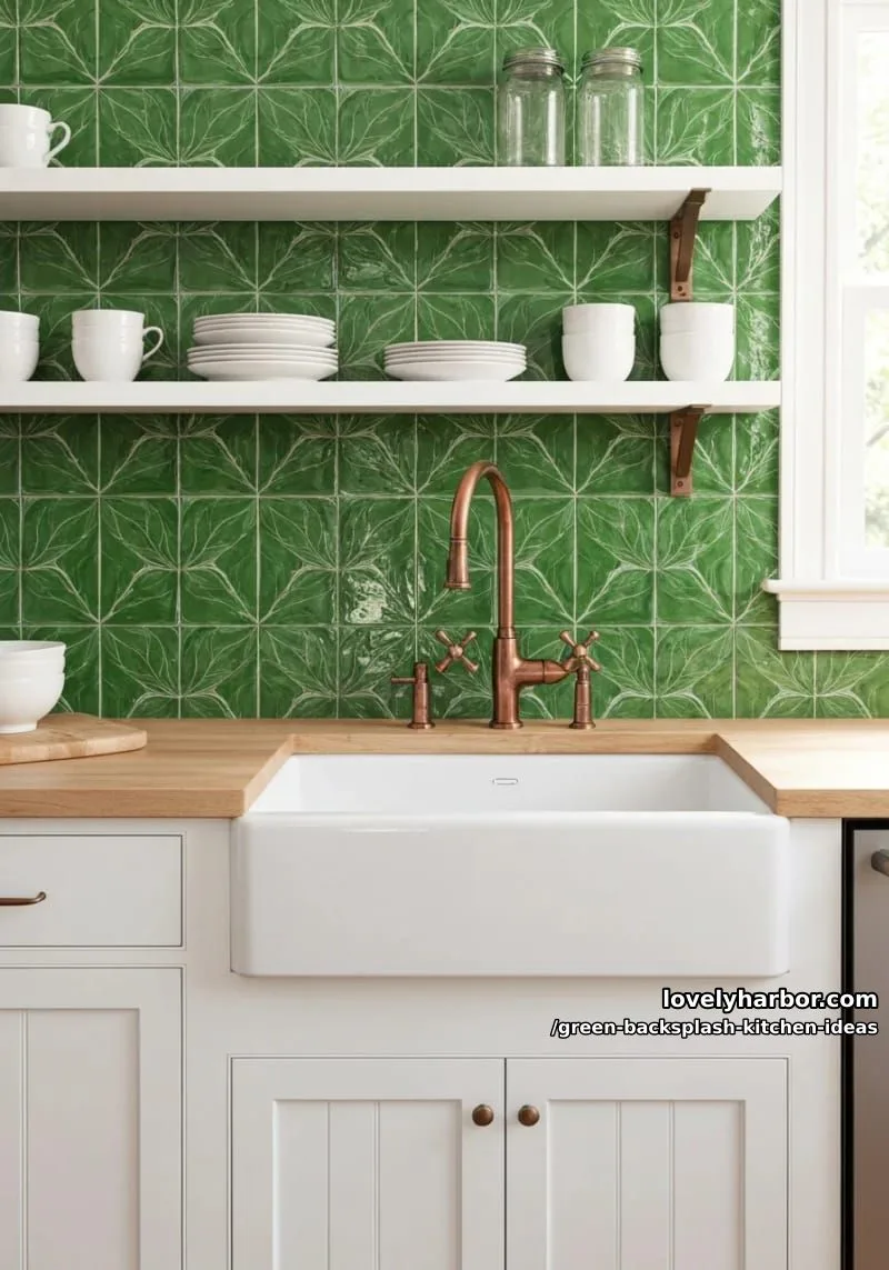 15 Green Backsplash Ideas for Modern Kitchens 21 leaf-patterned ceramic tiles behind a farmhouse sink and copper faucet. 1