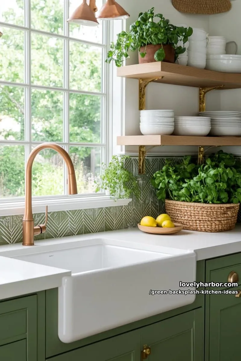 15 Green Backsplash Ideas for Modern Kitchens 22 leaf-patterned ceramic tiles behind a farmhouse sink and copper faucet. 1
