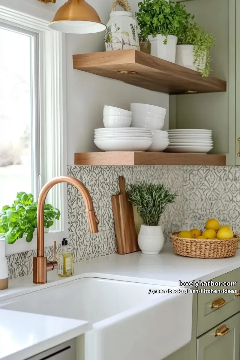15 Green Backsplash Ideas for Modern Kitchens 23 leaf-patterned ceramic tiles behind a farmhouse sink and copper faucet. 1
