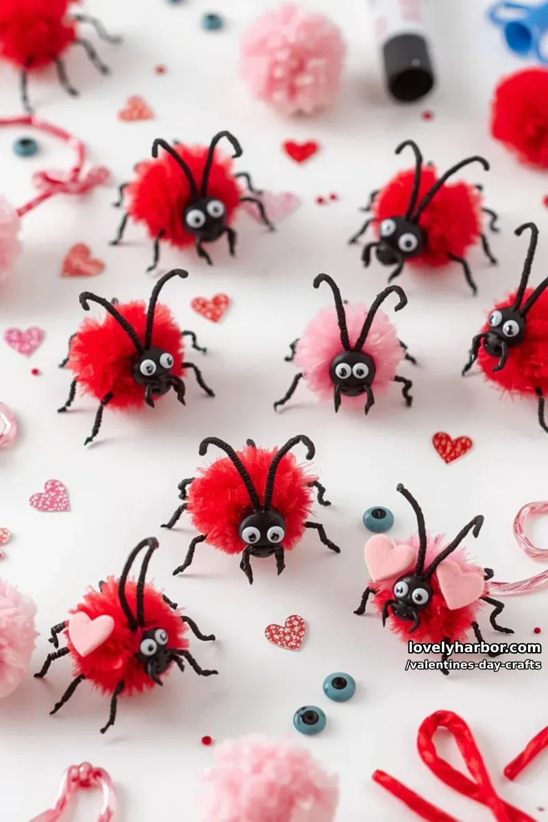 21 Unique Valentine’s Day Crafts to Warm Your Heart 44 love bug magnets made from pom poms, pipe cleaners, and googly eyes 1