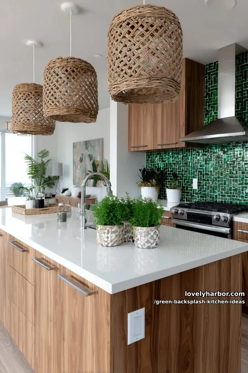 15 Green Backsplash Ideas for Modern Kitchens 37 lush green mosaic tiles combined with wooden cabinetry and woven pendant lights. 1