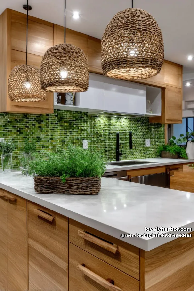 15 Green Backsplash Ideas for Modern Kitchens 38 lush green mosaic tiles combined with wooden cabinetry and woven pendant lights. 1