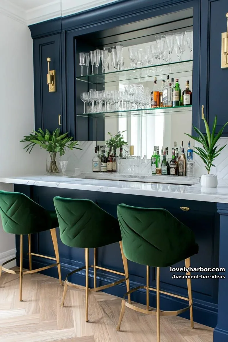 15 Modern Basement Bar Design Ideas for Comfy Entertaining 19 luxurious marble countertop bar with gold hardware and mirrored glass display shelves 1