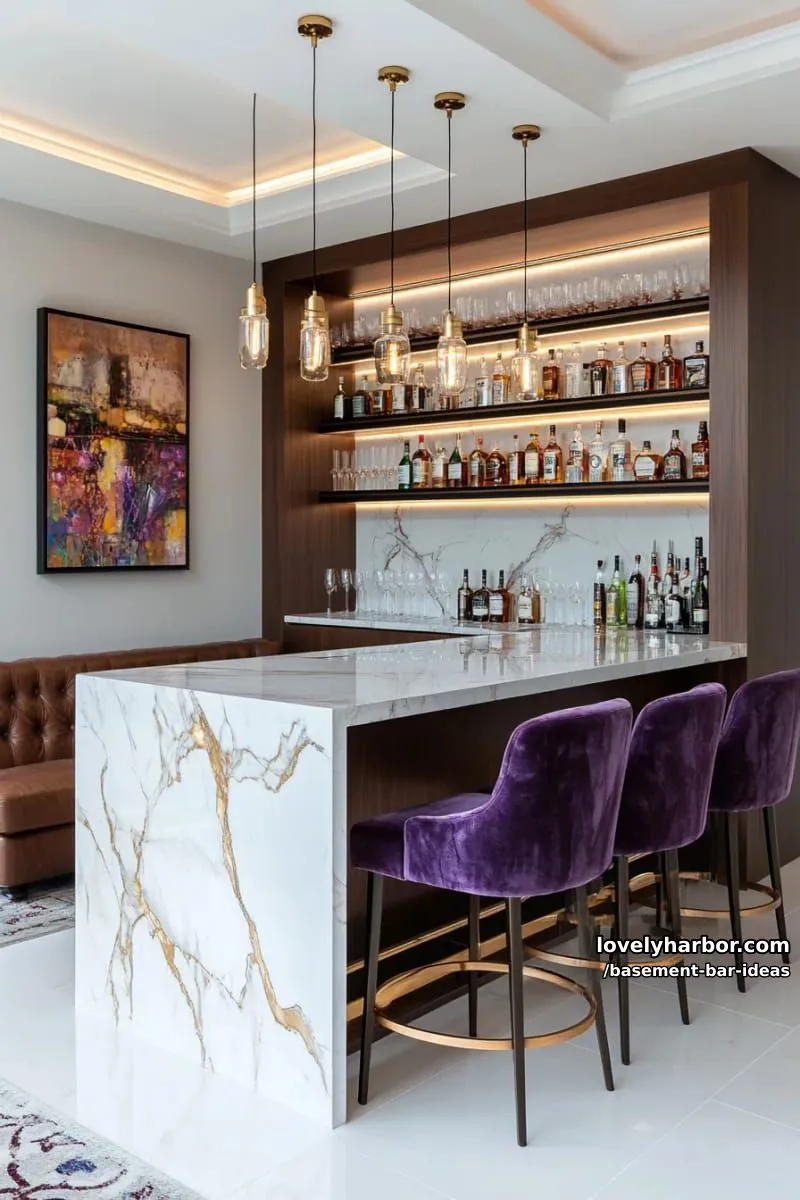 15 Modern Basement Bar Design Ideas for Comfy Entertaining 20 luxurious marble countertop bar with gold hardware and mirrored glass display shelves 1