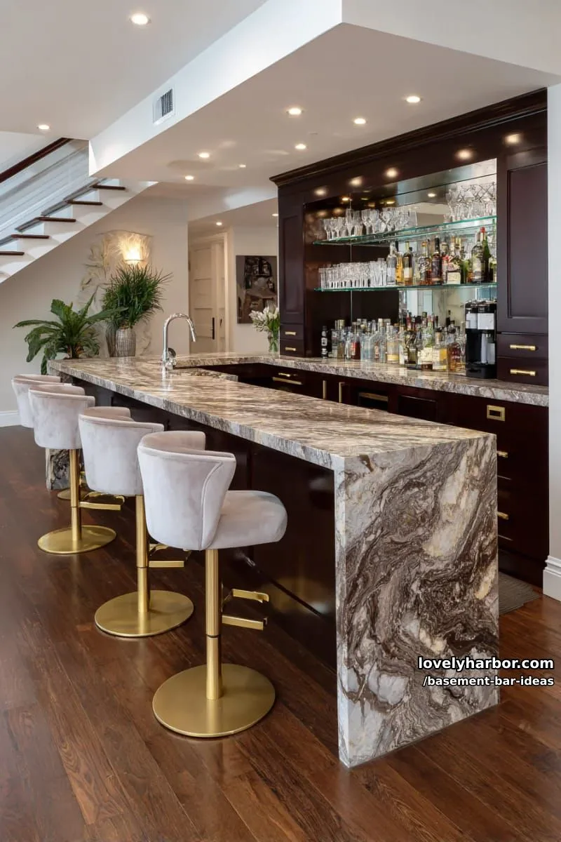 15 Modern Basement Bar Design Ideas for Comfy Entertaining 21 luxurious marble countertop bar with gold hardware and mirrored glass display shelves 1