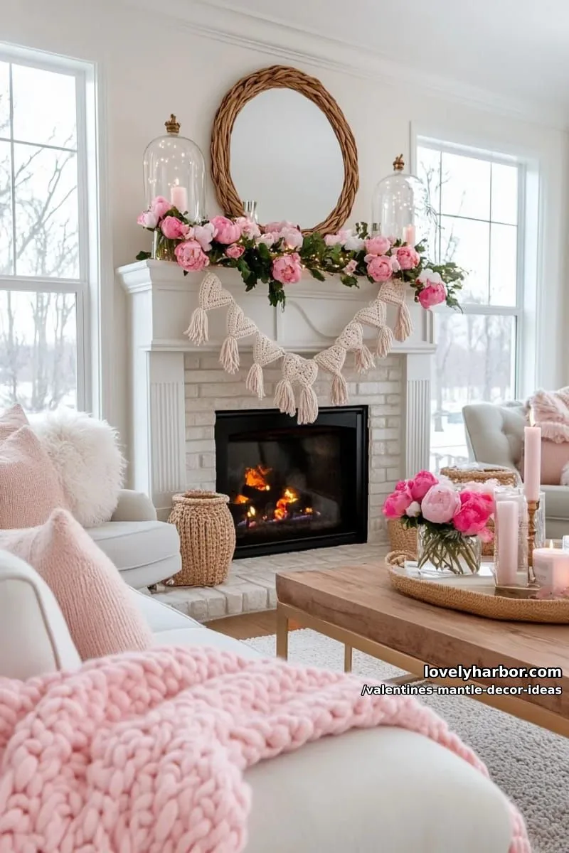 macramé heart bunting paired with soft knit pink throws on the mantle 1