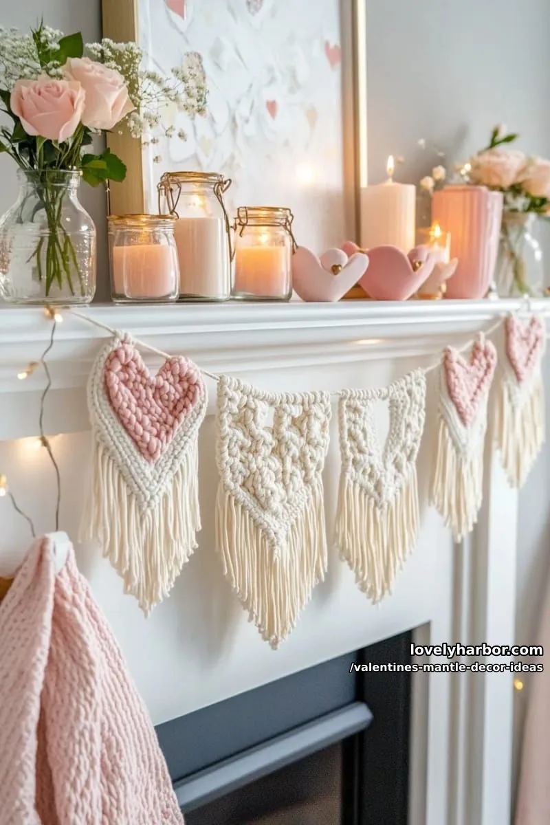 macramé heart bunting paired with soft knit pink throws on the mantle 1