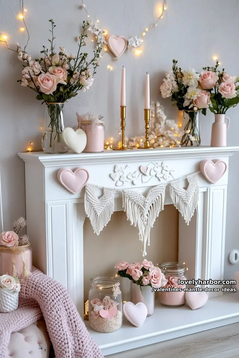 macramé heart bunting paired with soft knit pink throws on the mantle 1