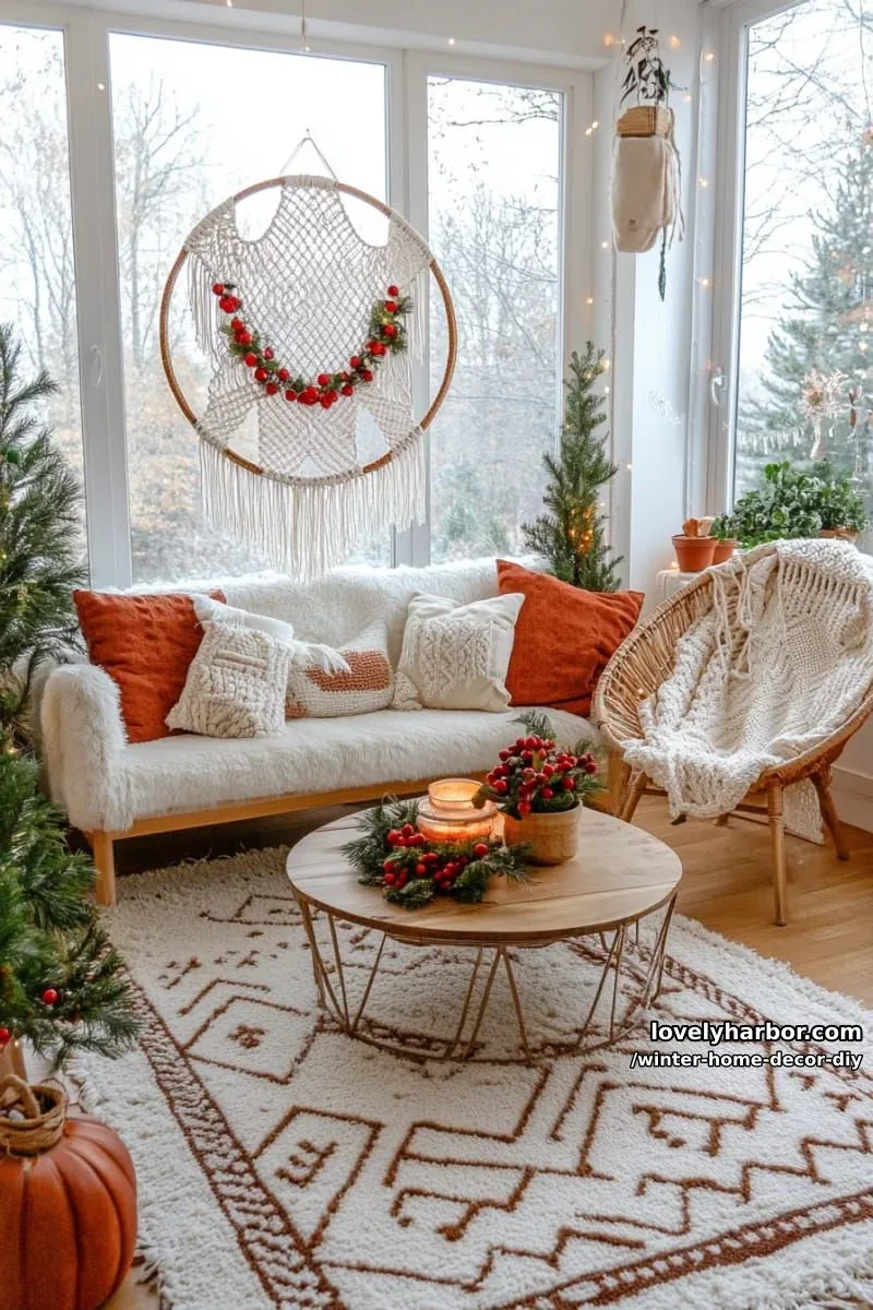 macramé hoop accented with pinecones and berries for boho winter charm 1