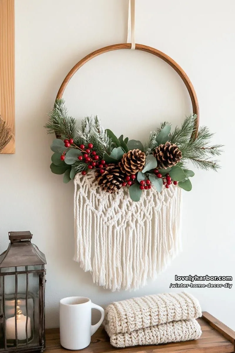 macramé hoop accented with pinecones and berries for boho winter charm 1