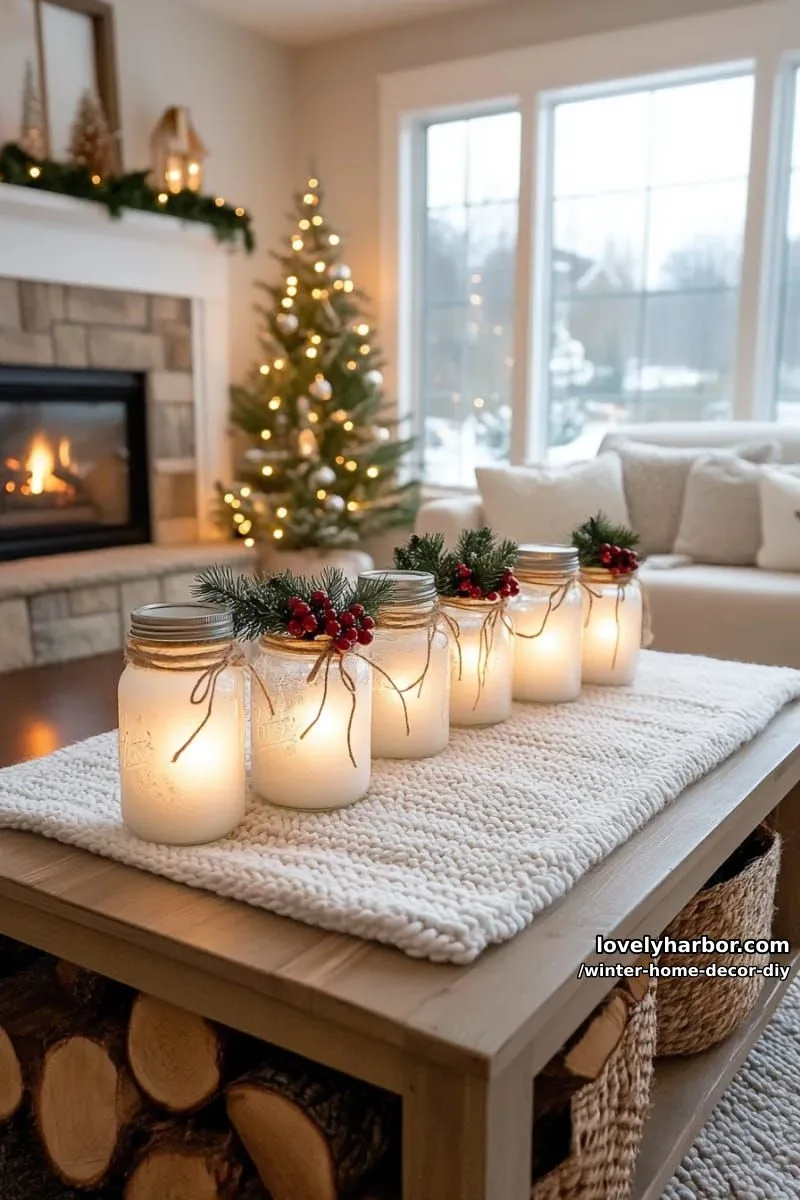 mason jar snowy lanterns with twine, faux berries, and evergreen sprigs 1