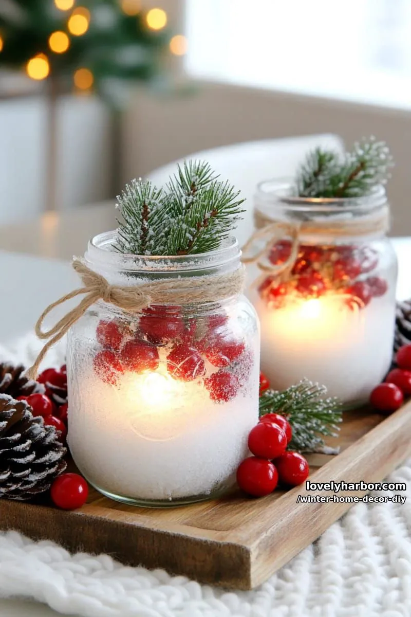 mason jar snowy lanterns with twine, faux berries, and evergreen sprigs 1