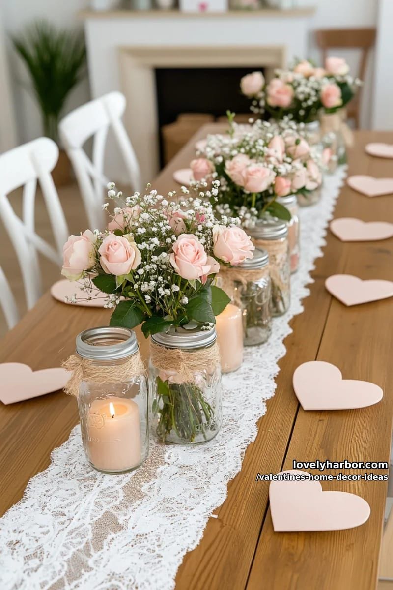 mason jar vases with pink roses and lace runners for romantic tablescapes 1