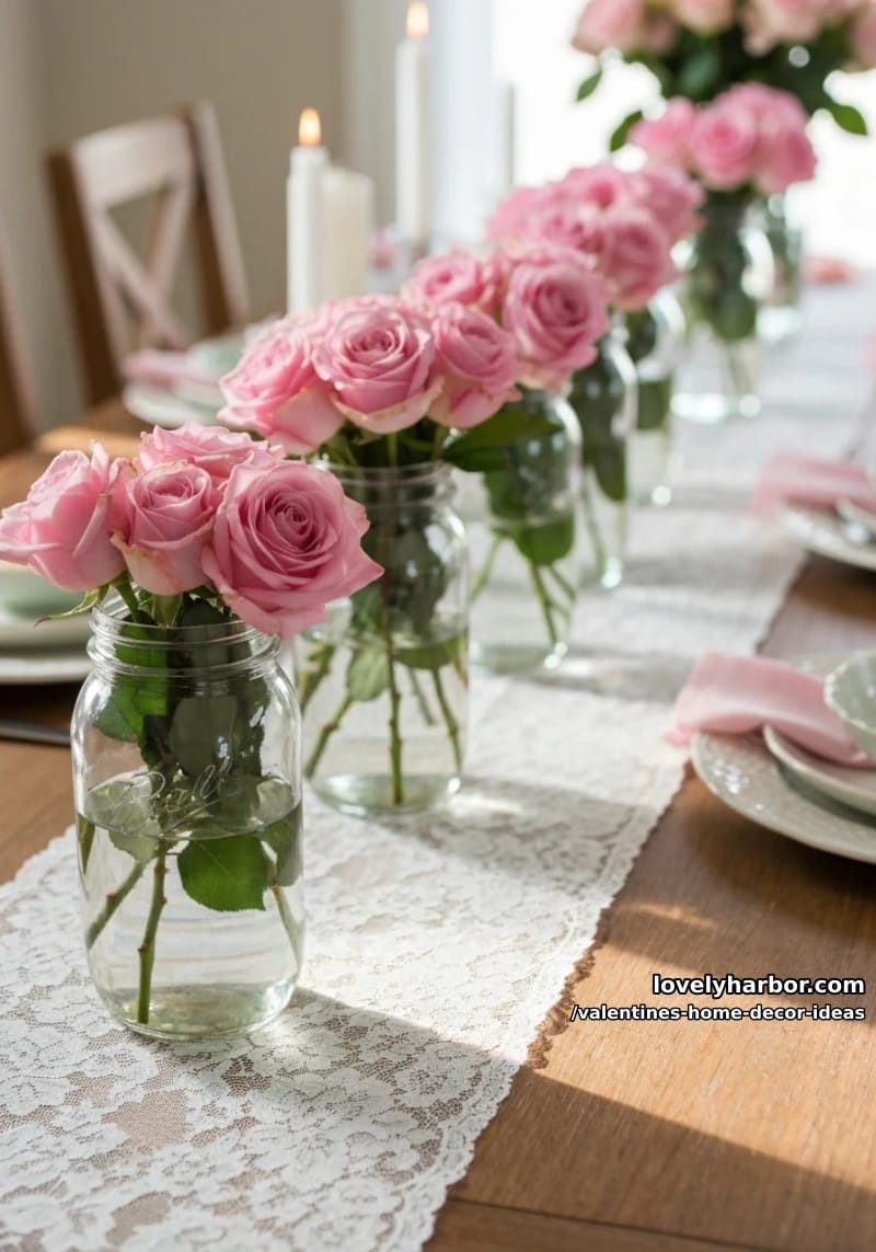mason jar vases with pink roses and lace runners for romantic tablescapes 1