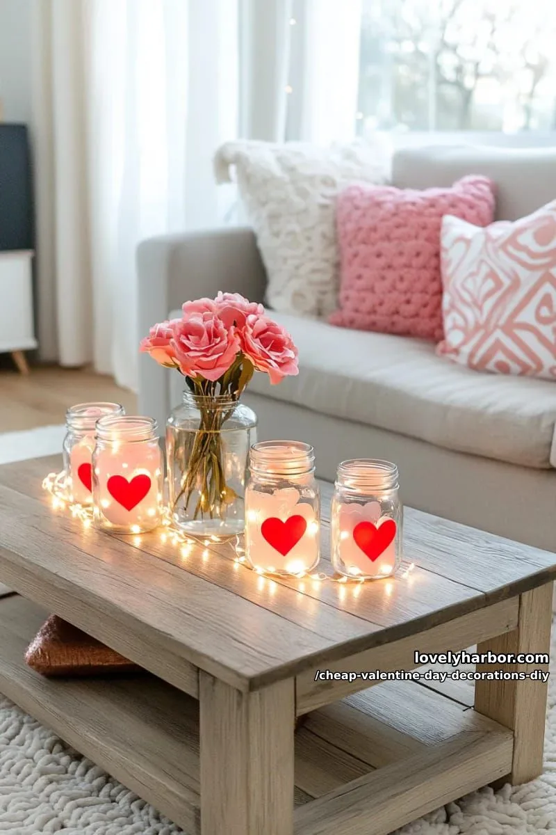 mason jars filled with led fairy lights and paper hearts 1