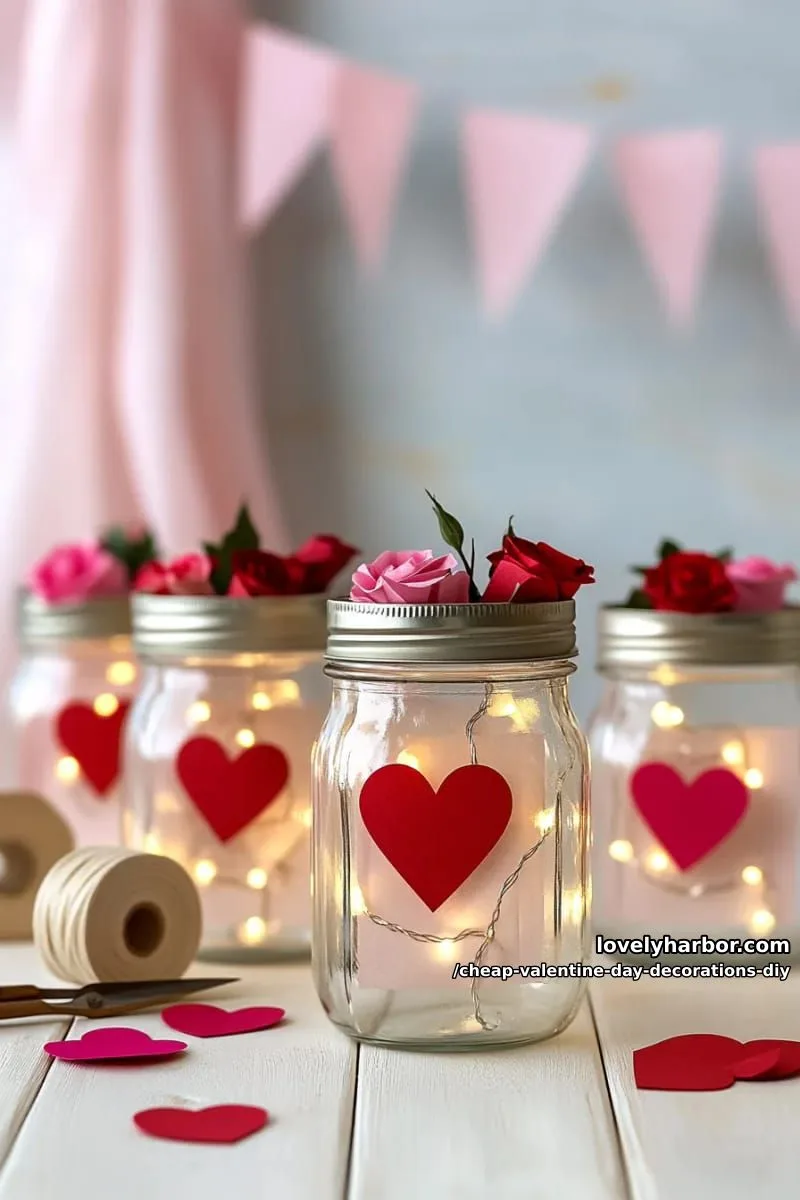 mason jars filled with led fairy lights and paper hearts 1