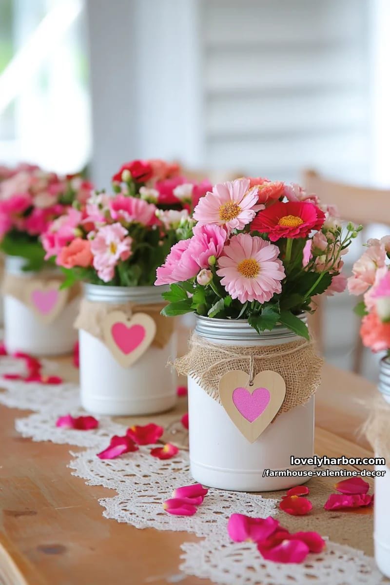 19 Farmhouse Valentine's Day Home Decor Ideas 13 mason jars painted white, filled with pink and red wildflowers 1